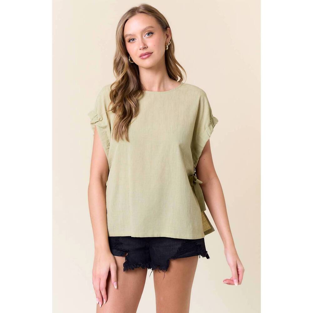 NEW DOE AND RAE greta short cuffed sleeves top in sage